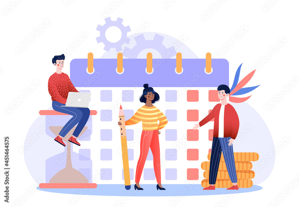Business graphic tasks. Employees make a plan for the week. Time management and working day planning. Meet the deadline. Teamwork in office. Cartoon flat illusstration isolated on a white background