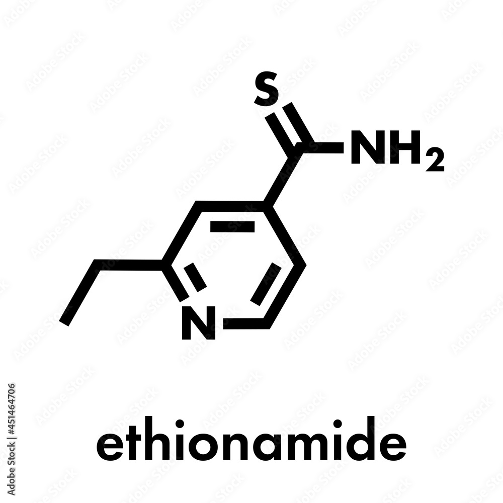 Ethionamide tuberculosis drug molecule. Skeletal formula. Ethionamide tuberculosis drug molecule. Skeletal formula.