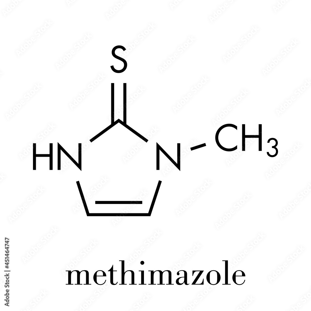 Methimazole hyperthyroidism drug molecule. Skeletal formula. Methimazole hyperthyroidism drug molecule. Skeletal formula.