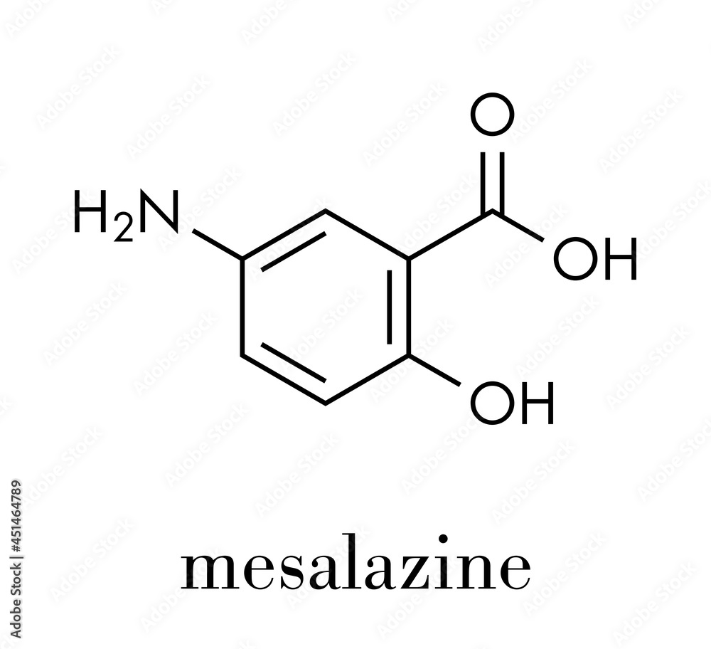 Mesalazine (mesalamine, 5-aminosalicylic acid, 5-ASA) inflammatory bowel disease drug molecule. Used to treat ulcerative colitis and Crohn's disease. Skeletal formula. Mesalazine (mesalamine, 5-aminosalicylic acid, 5-ASA) inflammatory bowel disease drug molecule. Used to treat ulcerative colitis and Crohn's disease. Skeletal formula.