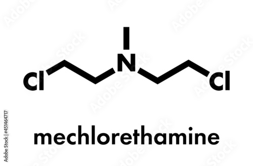 Chlormethine (mechlorethamine, mustine, HN2) cancer chemotherapy drug molecule. Nitrogen mustard compound also used a blister agent (chemical weapon). Skeletal formula.