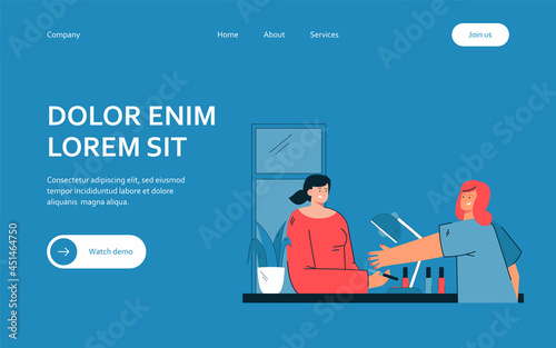 Woman doing manicure vector illustration. Young female character doing manicure in salon. Manicured nails. Woman hands. Beauty concept for banner, website design or landing web page