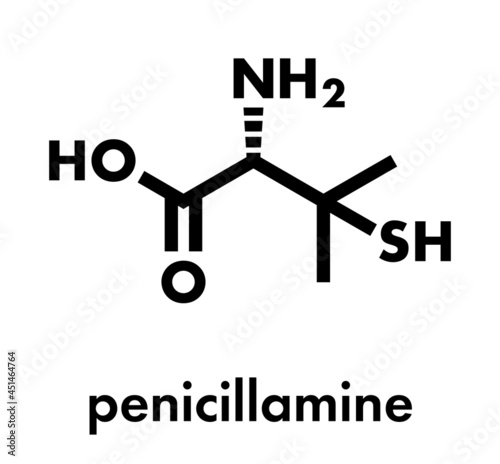 Penicillamine drug molecule. Used as chelating agent and in treatment of rheumatoid arthritis. Skeletal formula. photo