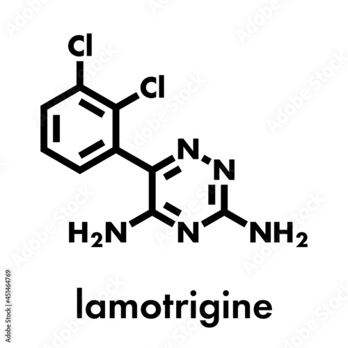 Lamotrigine seizures drug molecule. Used in treatment of epilepsy and bipolar disorder. Skeletal formula.