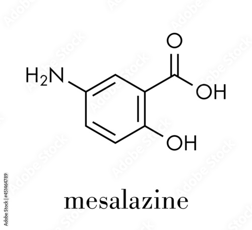 Mesalazine (mesalamine, 5-aminosalicylic acid, 5-ASA) inflammatory bowel disease drug molecule. Used to treat ulcerative colitis and Crohn's disease. Skeletal formula.