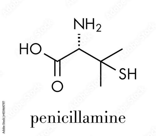 Penicillamine drug molecule. Used as chelating agent and in treatment of rheumatoid arthritis. Skeletal formula.