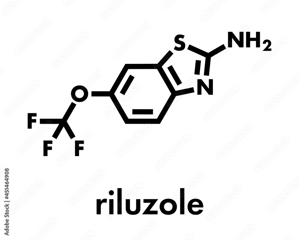 Riluzole amyotrophic lateral sclerosis (ALS) drug molecule. Skeletal formula.