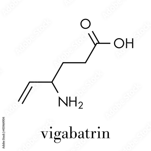 Vigabatrin epilepsy (seizures) drug molecule. Suicide inhibitor of the enzyme GABA transaminase. Skeletal formula.