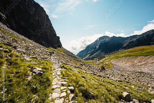 Hiking the Great Cold Valleyto Zbojnicka cottage through pirecne saddle.  High Tatras National partk , Slovakia photo