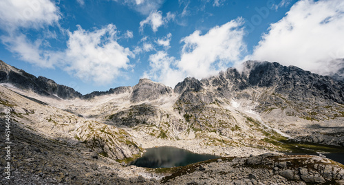 Hiking the Great Cold Valleyto Zbojnicka cottage through pirecne saddle.  High Tatras National partk , Slovakia photo