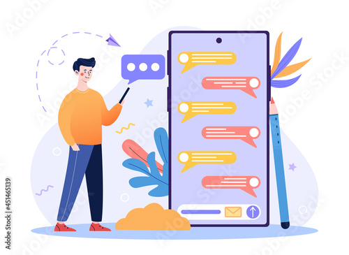 Person chatting smartphone. He sends messages to his friends online. Corresponds with colleagues through a special application. Concept of chatting. Vector illustration isolated on a white background