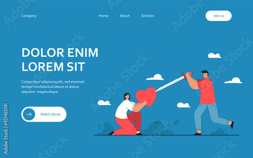 Young man broking heart that girl holding. Flat vector illustration. Cartoon guy striking woman heart with sword and hurting her..Betrayal, breakup, relationship, love concept for banner design