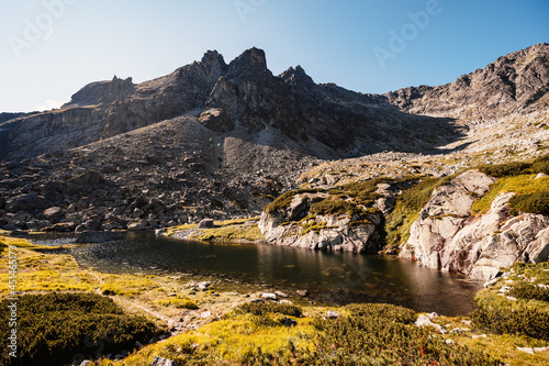 Hiking the Great Cold Valleyto Zbojnicka cottage through pirecne saddle.  High Tatras National partk , Slovakia photo