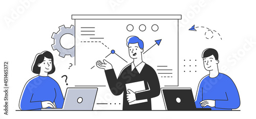 Teamwork in office. Business meeting at seminar. Group of people working on large project. They analyze charts and reports. Come up with new ideas and discuss them together. Flat cartoon illustration