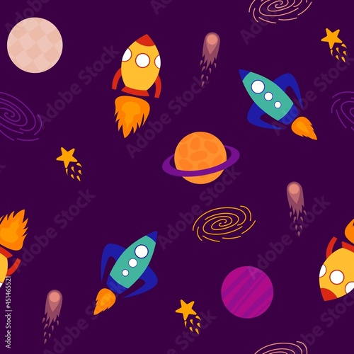 Seamless space pattern. Planets, rockets and stars. Icons of cartoon spaceships