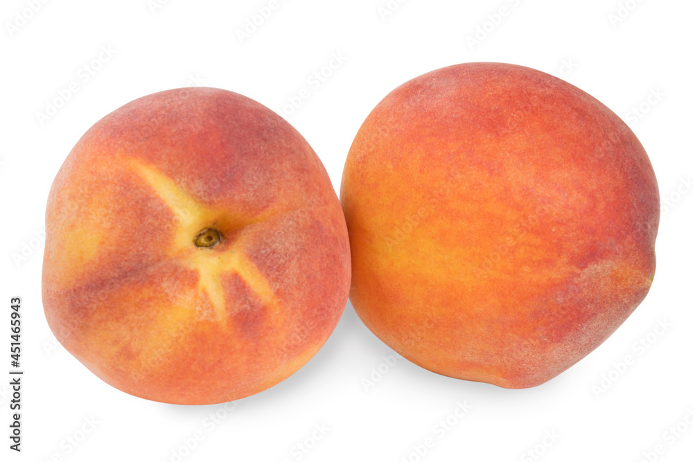 Two ripe red and yellow peaches isolated on a white background.Bright, fresh fruits on a white background.Use for labels, posters and web design. Two ripe red and yellow peaches isolated on a white background.Bright, fresh fruits on a white background.Use for labels, posters and web design.