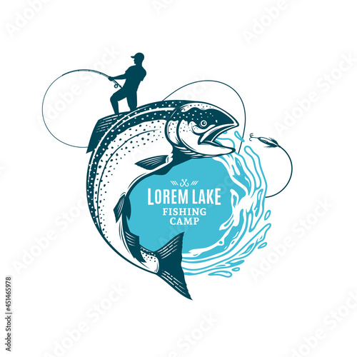 Vector fishing logo with fish and fisherman with a fishing rod. Jumping salmon and water splash illustration