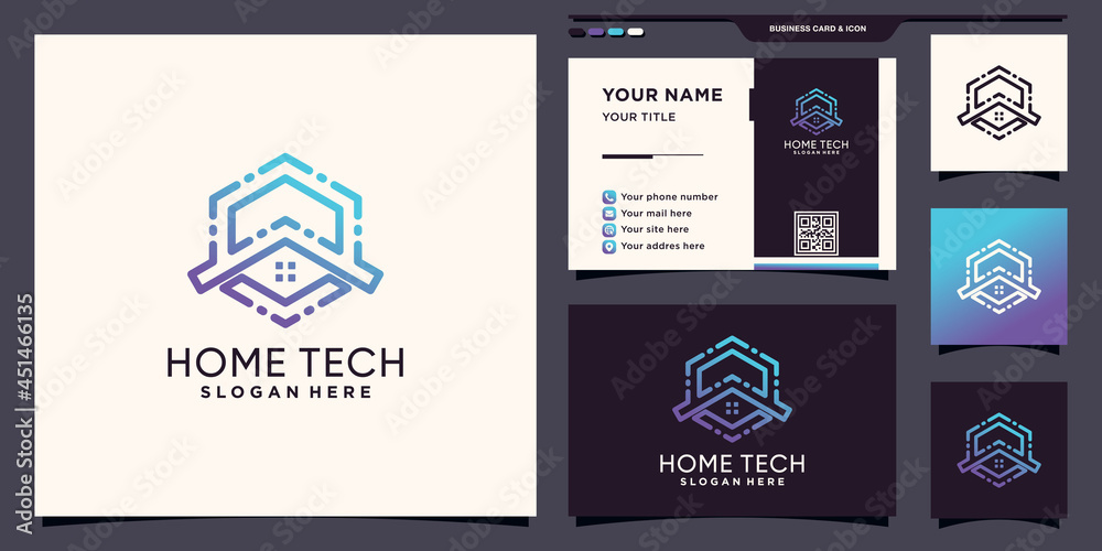 Home tech logo design with hexagon line art style and business card design Premium Vector