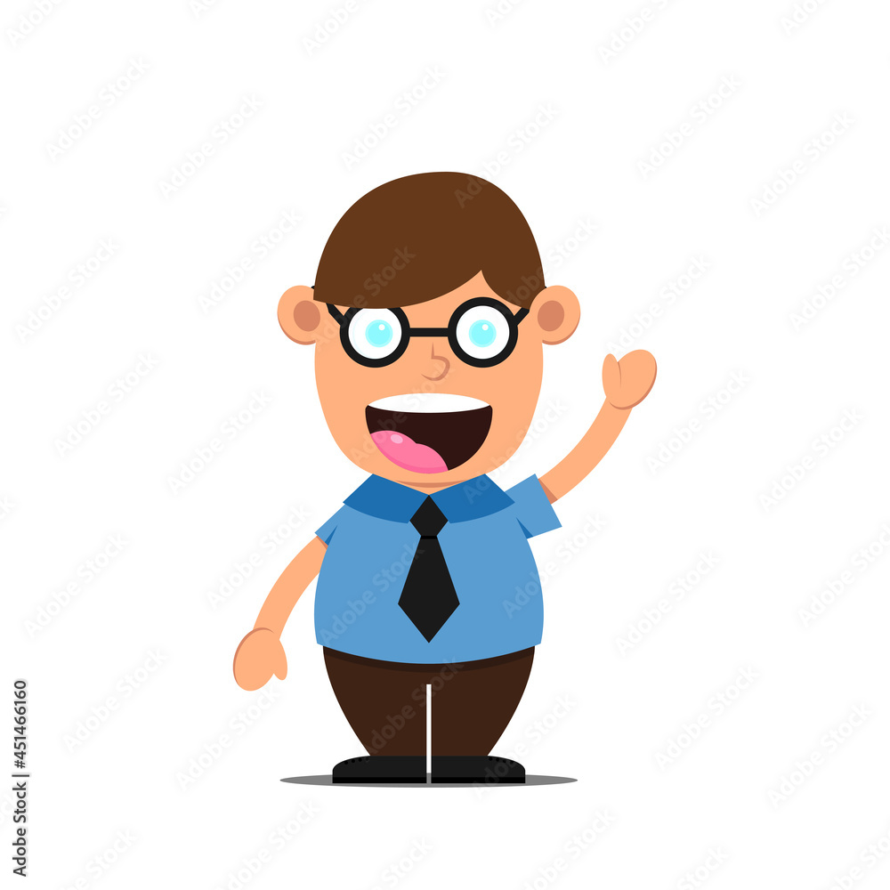 Cute cartoon little school boy with glasses. Student kid character isolated on white background. Happy smile children say hello. Vector illustration Cute cartoon little school boy with glasses. Student kid character isolated on white background. Happy smile children say hello. Vector illustration