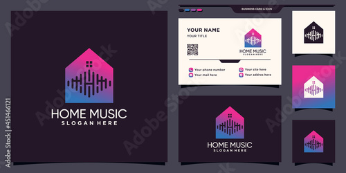 Creative home and music logo with negative space concept and business card design Premium Vector