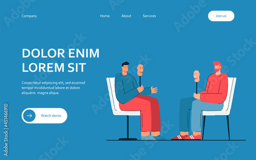 Two cartoon men taking off their masks, becoming sincere. Flat vector illustration. Men sitting opposite each other, holding face masks, hiding feelings. Dissimulation, honesty, disguise concept
