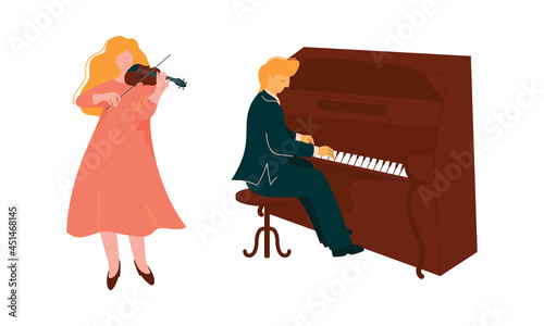 Man and Woman Musician Instrumentalist Performing Music Playing Musical Instrument Vector Set