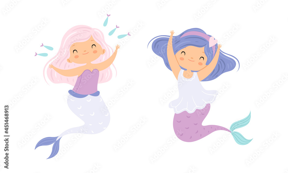 Cute Mermaid with Waving Hair Floating Underwater Vector Set Cute Mermaid with Waving Hair Floating Underwater Vector Set