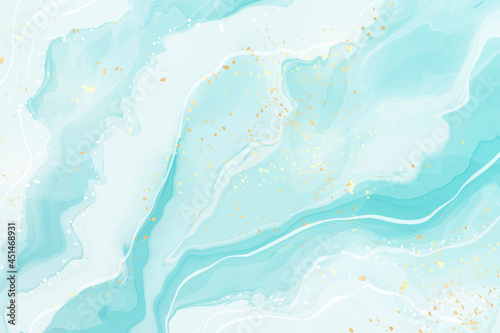 Pastel cyan mint liquid marble watercolor background with wavy lines and brush stains. Teal turquoise marbled alcohol ink drawing effect. Vector illustration backdrop, watercolour wedding invitation