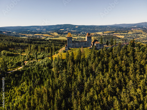 Kasperk Castle in a sunny autumn day. Pusty Hradek viewpoint. South Bohemia, Sumava. Czech Republic photo