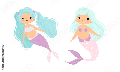 Cute Mermaid with Waving Hair Floating Underwater Vector Set