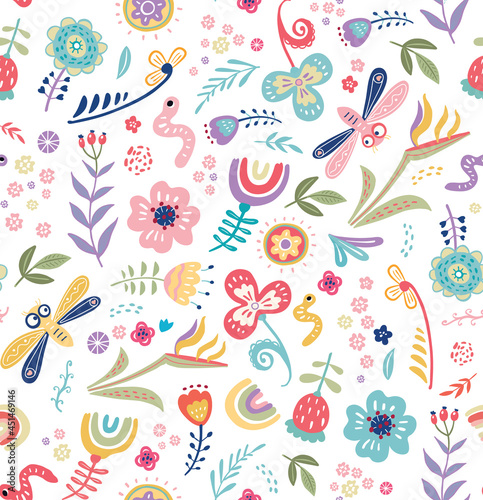 Hand drawn childish botanical seamless pattern vector flat illustration nursery wallpaper template