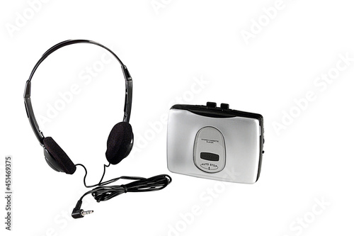 Walkman retro portable cassette player isolated on white background, stereo cassette player