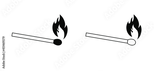 Black, matchstick, lucifer sign. Smoking, fire or flame sign. Burning matches icon. Matches pictogram. Match lighted icon. Funny flat vector cartoon.