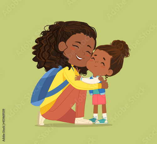 Happy black skin mother hugging cute little daughter enjoying happy motherhood vector illustration
