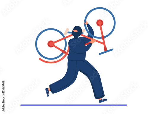 Thief cartoon character in mask stealing bicycle. Criminal running away with stolen bike flat vector illustration. Crime, theft, security concept for banner, website design or landing web page