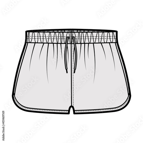 Sport training shorts Activewear technical fashion illustration with elastic low waist, rise, drawstrings, pockets, Flowy Split Hem. Flat bottom apparel template front grey color. Women men CAD mockup