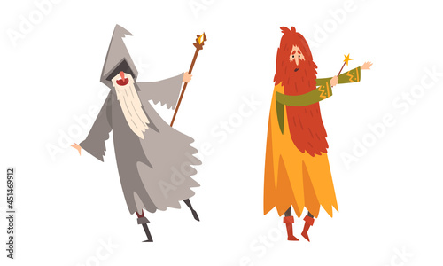 Sorcerer in Pointed Hat Practicing Wizardry and Witchcraft with Magic Wand Vector Set