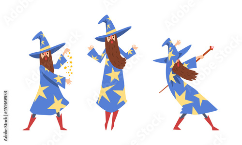 Sorcerer in Pointed Hat and Starry Gown Practicing Wizardry and Witchcraft with Magic Wand Vector Set