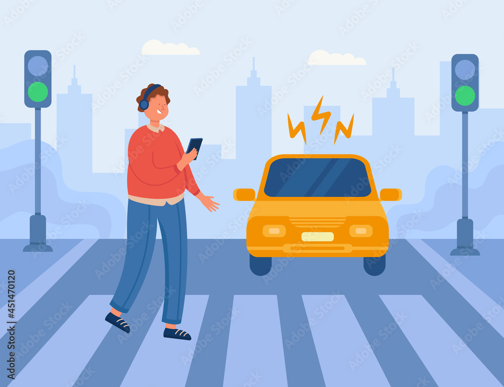 Dangerous situation at crosswalk with careless boy in headphones. Pedestrian crossing road looking at mobile phone, car driving towards zebra flat vector illustration. Traffic safety, accident concept Dangerous situation at crosswalk with careless boy in headphones. Pedestrian crossing road looking at mobile phone, car driving towards zebra flat vector illustration. Traffic safety, accident concept