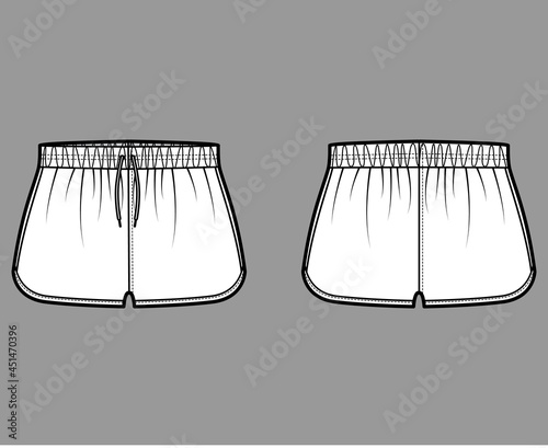 Sport training shorts Activewear technical fashion illustration with elastic low waist, rise, drawstrings, pockets, Hem. Flat bottom apparel template front, back, white color. Women men CAD mockup