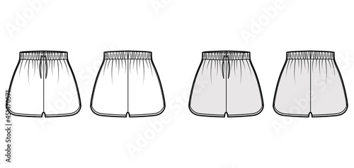 Sport training shorts Activewear technical fashion illustration with elastic normal waist, high rise, Flowy Split Hem, Relaxed fit. Flat bottom template front, back, white grey color. Women CAD mockup