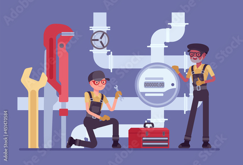Plumbers or inspector of plumbing service, water counting meter installation. Calibration, maintenance, professional technicians checking pipeline, measurement of flowmeter device. Vector illustration