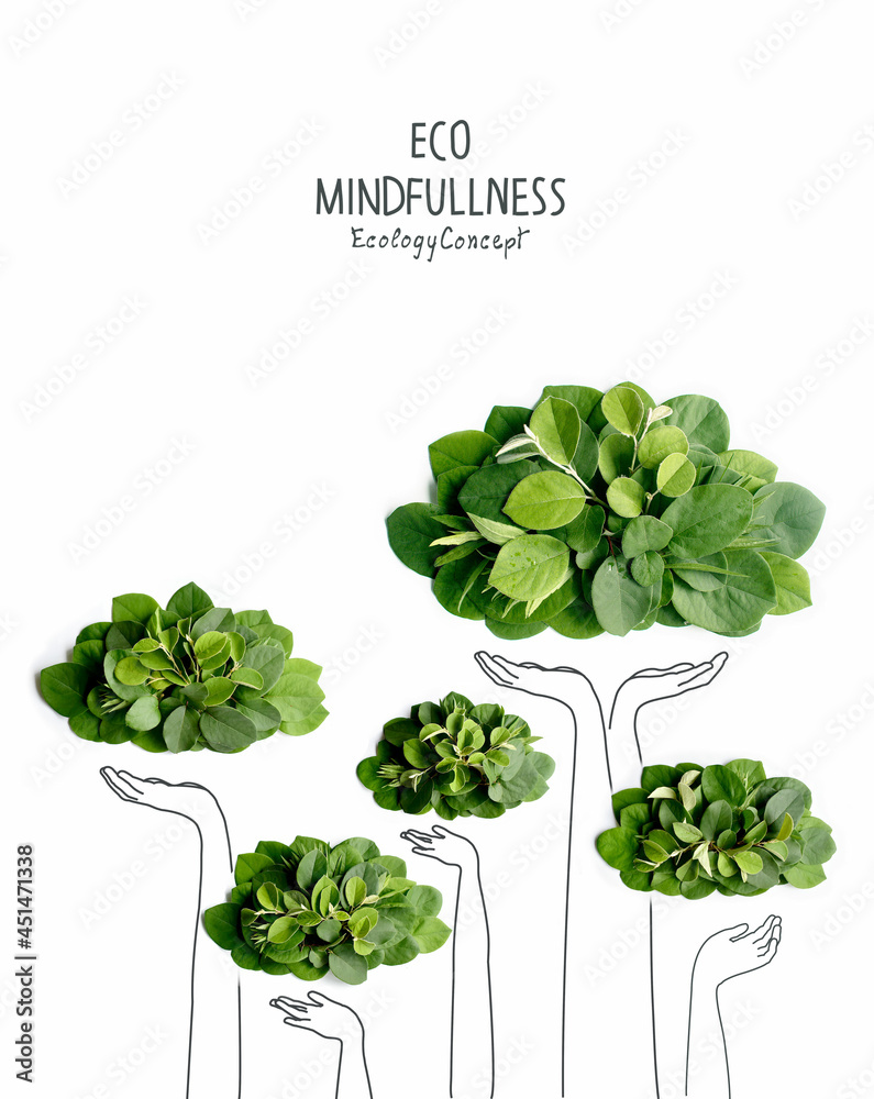 Environmentally friendly concept. Tree crowns, made of green leaves and ...