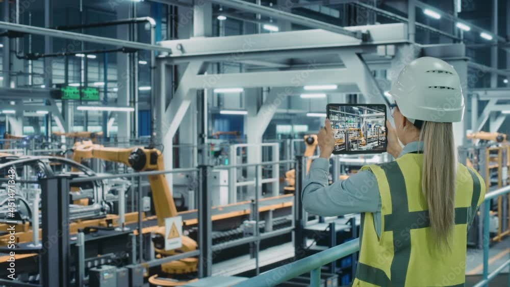 Car Factory: Female Automotive Engineer Using Augmented Reality Tablet Computer. Digitalization Scan, Monitoring Equipment Production. Automated Robot Arm Assembly Line Manufacturing Electric Vehicles
