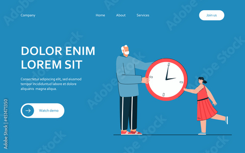 Grandfather and little girl holding giant watch together. Flat vector illustration. Tiny cartoon old man giving huge clock little girl in dress. Time, generation, family concept for banner design