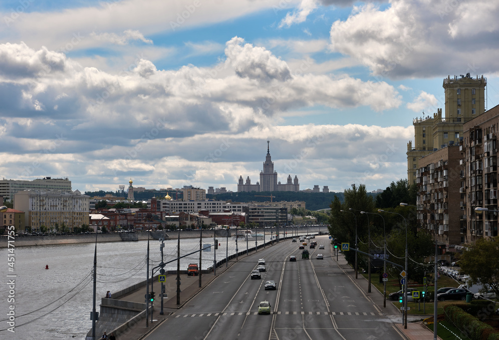 Fototapeta premium Moscow, Russia - 08.08.2021: Panoramic view on the Moscow State University and the Moscow river