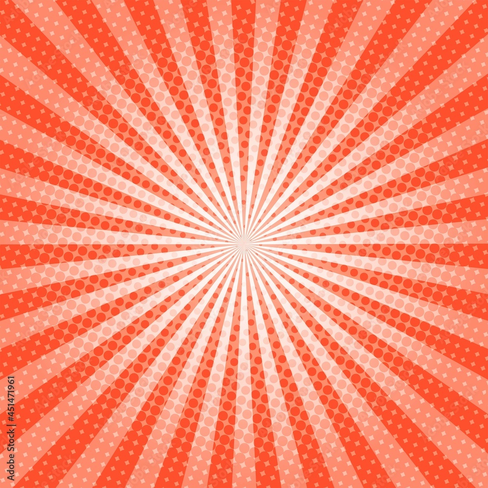 Obraz premium Orange Sunburst Pattern Background. Sunburst with rays background. Vector illustration. Orange radial background. Halftone background.