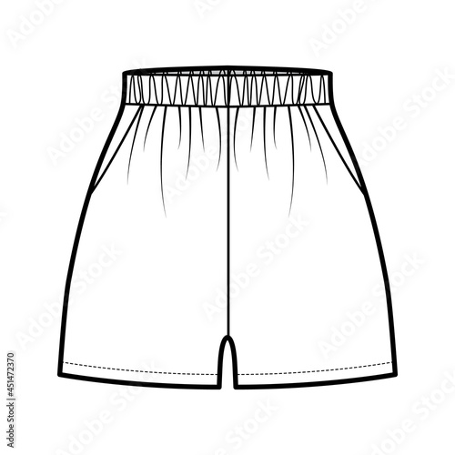 Sport training shorts Activewear technical fashion illustration with elastic normal waist, high rise, Relaxed fit, micro length. Flat bottom apparel template front, white color. Women men CAD mockup