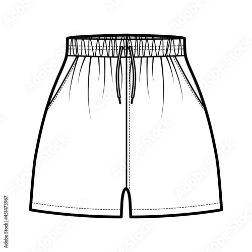 Sport training shorts Activewear technical fashion illustration with elastic normal waist, high rise, drawstrings, Relaxed fit, micro length. Flat template front, white color. Women men CAD mockup