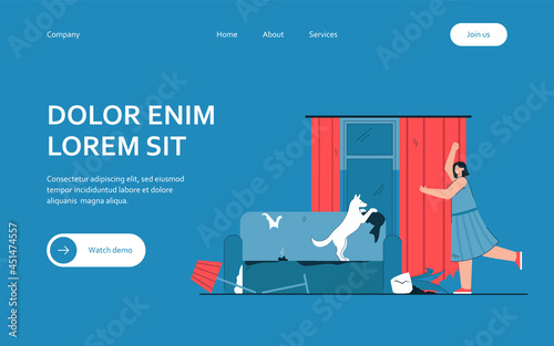 Woman angry with mess made by dog. Female character screaming at pet. Ruined furniture and curtains. Broken down lamp and plant. Keeping domestic animals concept for banner, website or landing page